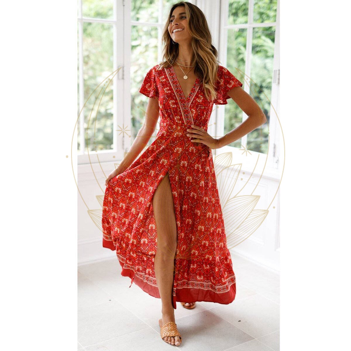 Robe Bohème Rouge Fendue Cache Coeur – Image 3