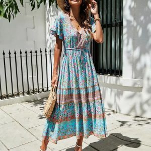 Robe Hippie Indienne Fleurie Bleu Azure