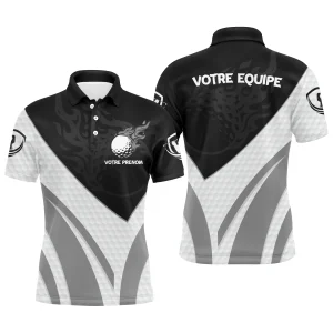 Polo de Golf Personnalisé Homme & Femme – Manches Courtes ou Longues, Design Noir et Gris Équipe & Prénom - A10092406
