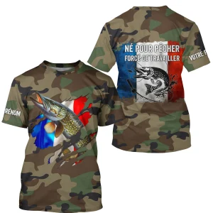 Pêche du Brochet, Cadeau Original Pêcheur, Camouflage, Drapeau de la France, Cadeau Personnalisé, Né Pour Pêcher Forcé de Travailler - CTS25042234