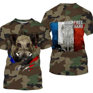 Chasse aux Sangliers, Camouflage Militaire Chasse, Cadeau Chasseurs, Live Free - Hunt Hard, Tee Shirt, Sweat à capuche, Vêtement Anti UV - CTS16042218