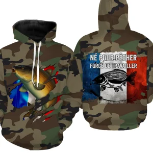 Pêche de la Carpe, Cadeau Original Pêcheur, Camouflage, Drapeau de la France, Cadeau Personnalisé, Né Pour Pêcher Forcé de Travailler - CTS25042230