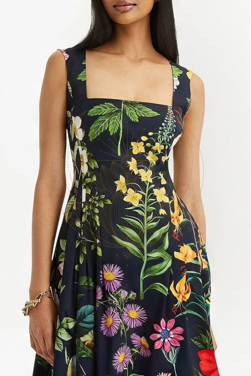 Robe Bohème Col Carré Fleurs Exotiques – Image 2