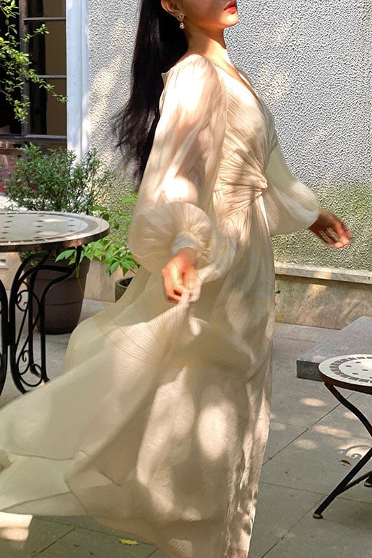 Robe Bohème Plissée Beige – Honorine – Image 3