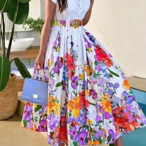 Robe Bohème à Chemisier Fleurs Multicolores