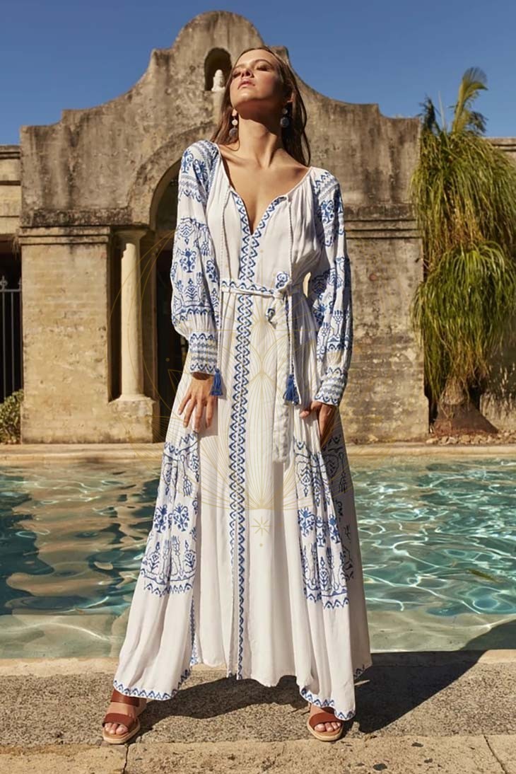 Robe Longue Bohème Bleue et Blanche – Célian – Image 2