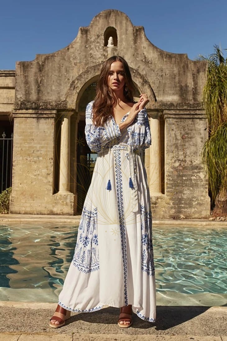 Robe Longue Bohème Bleue et Blanche – Célian – Image 3