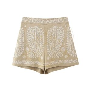 Short Court Taille Haute Brodé Beige