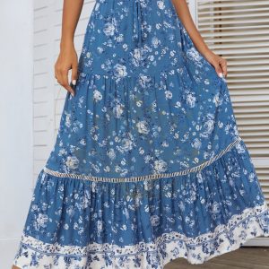 Jupe Longue Bohème Bleue Fleurs