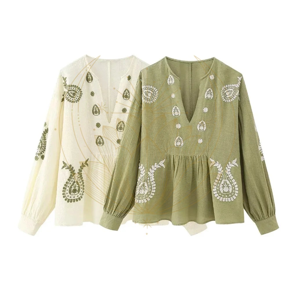 Blouse en Lin Khaki Broderie Bohème – Image 5