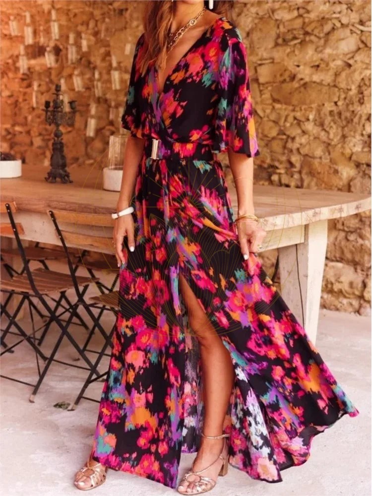 Robe bohème florale colorée noire et rose – Image 2