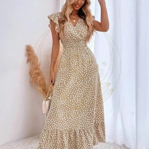 Robe longue à pois bohème marron