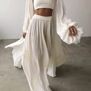 Ensemble Blanc Pantalon Ample + Crop Top + Gilet