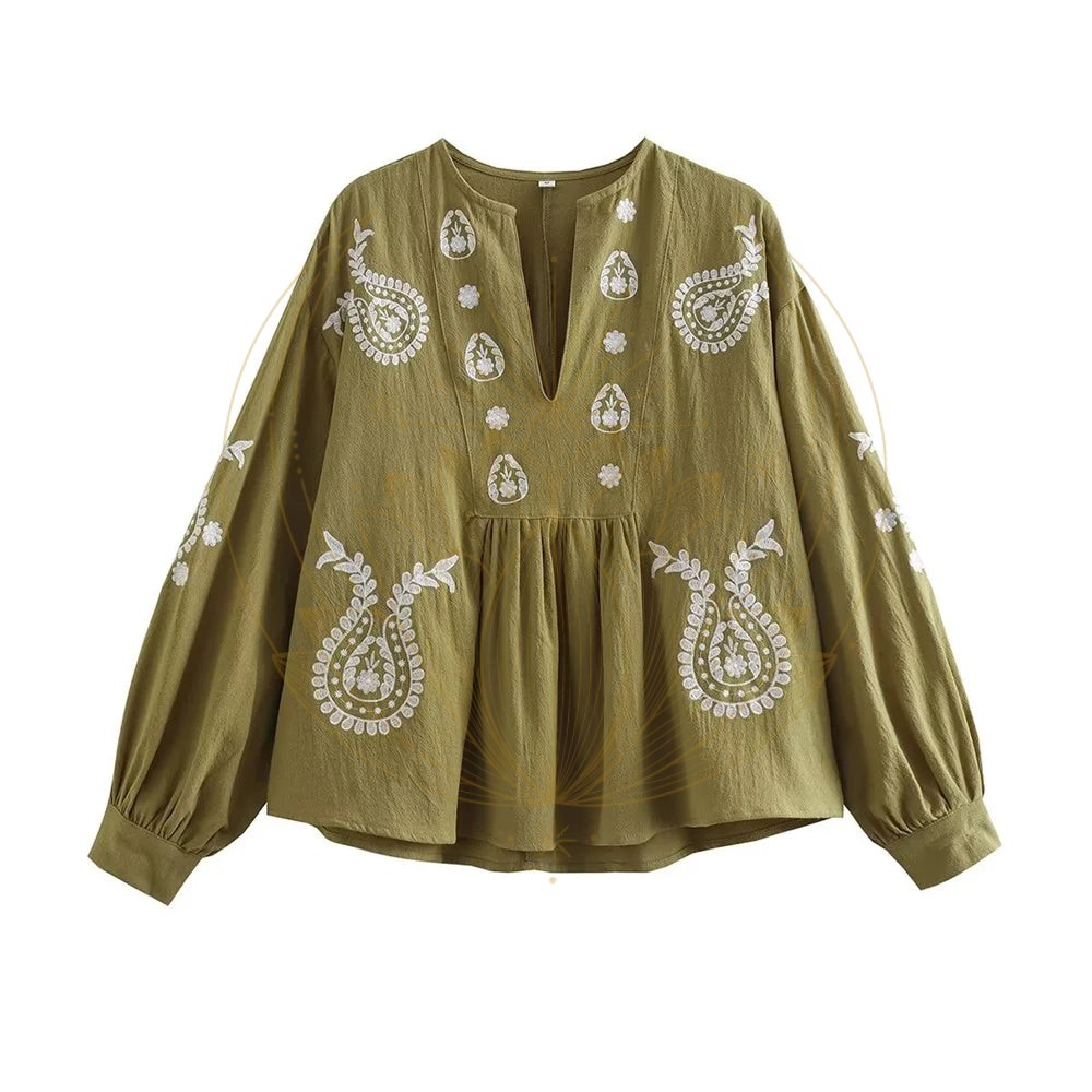Blouse en Lin Khaki Broderie Bohème – Image 2