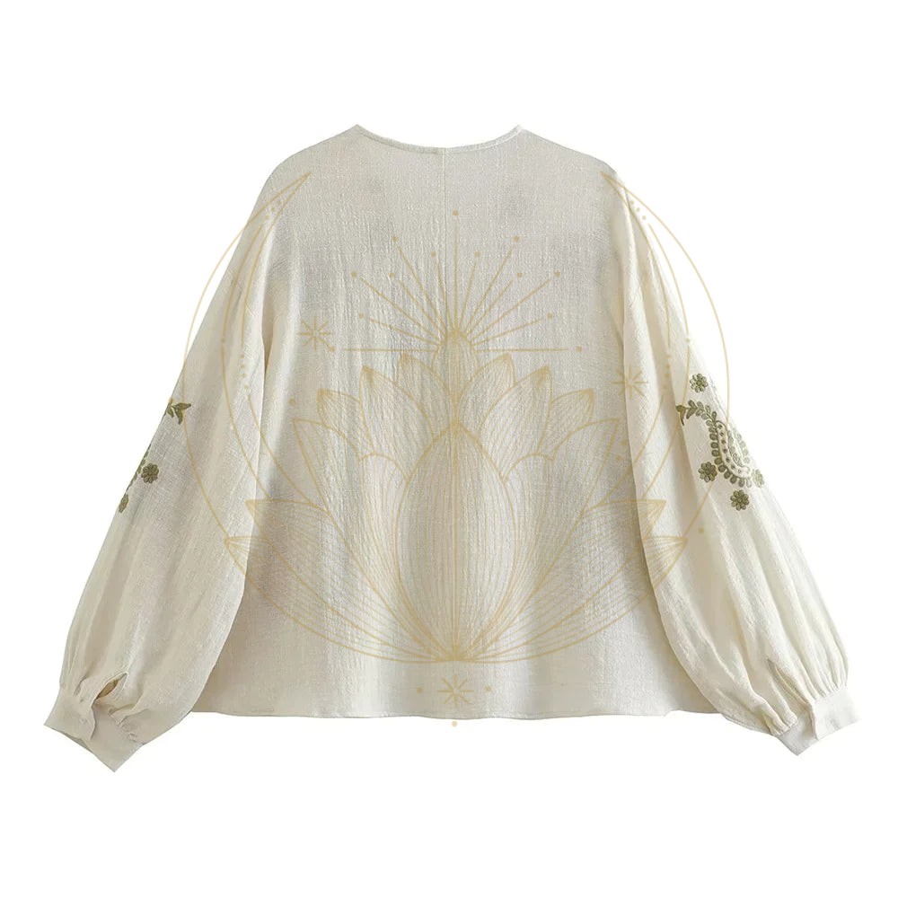 Blouse en Lin Khaki Broderie Bohème – Image 6