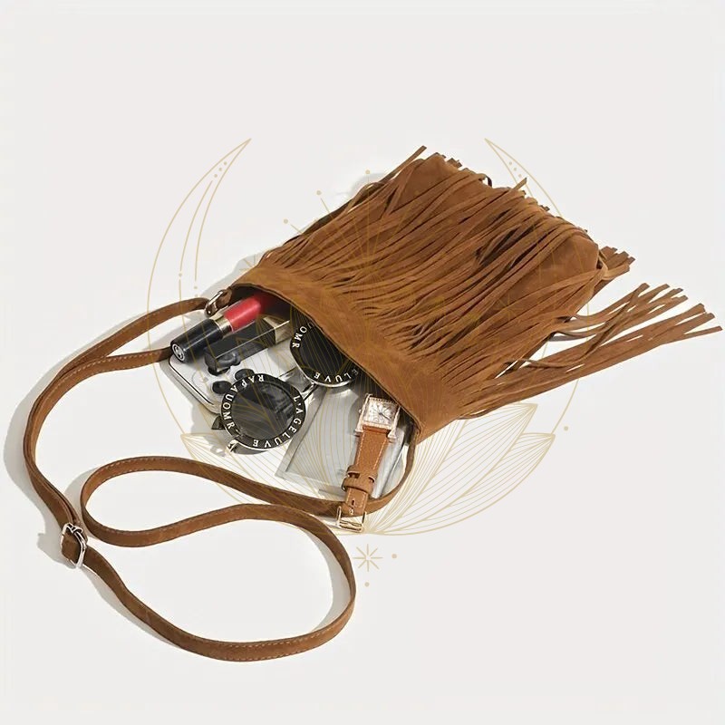 Sac à bandoulière vintage en daim à franges marron – Image 5