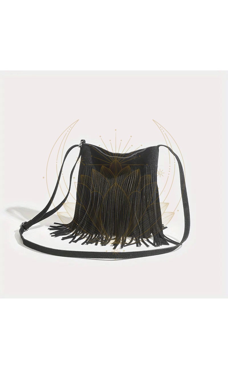 Sac à bandoulière vintage en daim à franges noir – Image 2