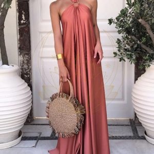 Robe longue satin femme rose chic