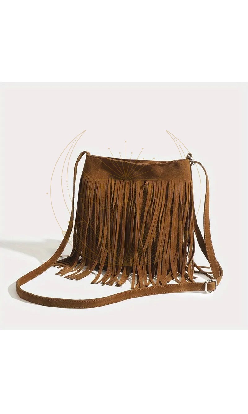 Sac à bandoulière vintage en daim à franges marron – Image 2