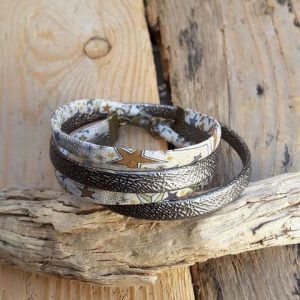 Bracelet wrap en tissu Liberty Adeladja bronze et simili cuir marron glacé