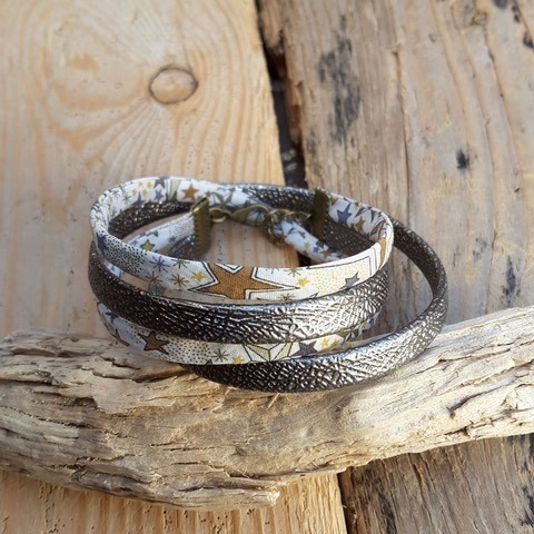 Bracelet wrap en tissu Liberty Adeladja bronze et simili cuir marron glacé
